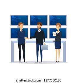 Employees, office workers of financial organization, colleagues, conduct discussion of conversation, discuss common issues. Control center, monitoring economic market. Vector illustration.