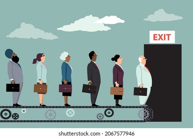 Employees on a conveyor belt leaving their jobs as a metaphor for great resignation, EPS 8 vector illustration