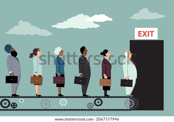 Employees on a\
conveyor belt leaving their jobs as a metaphor for great\
resignation, EPS 8 vector\
illustration