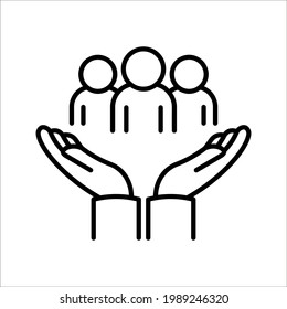 employees on human hand line icon vector illustration. An inclusive workplace on white background. color editable