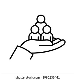 employees on human hand line icon vector illustration. An inclusive workplace on white background. color editable
