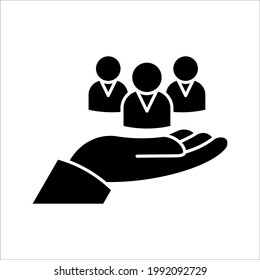 employees on human hand line icon vector illustration. An inclusive workplace on white background. color editable