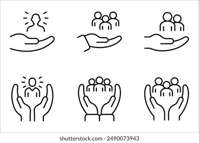 employees on human hand line icon vector illustration. An inclusive workplace on white background. color editable