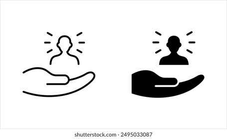 employees on human hand line icon vector illustration. An inclusive workplace on white background. color editable