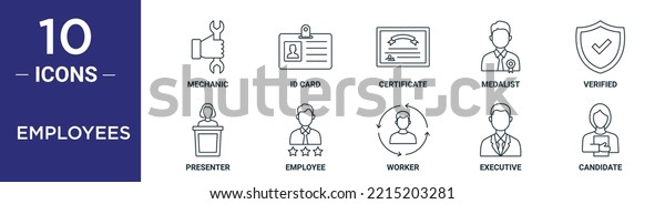 employees outline icon\
set includes thin line mechanic, id card, certificate, medalist,\
verified, presenter, employee icons for report, presentation,\
diagram, web design