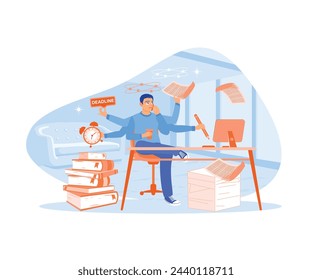 Employees are overwhelmed with work, reports and calls. Tired man working missed deadline. Deadline concept. Flat vector illustration.