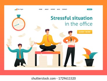 Empleados en pánico, estrés en el trabajo, resuelven problemas, meditan. Carácter plano 2D. Introducción de conceptos de página y diseño web.
