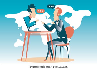 Employees participate virtual conference with boss running business remotely, businesspeople hold online meeting on laptop group chat, entrepreneurs making video call to partner, close up rear view
