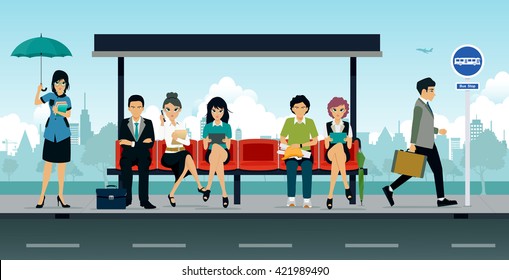 Employees And People Were Sitting At The Bus Stop.