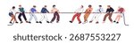 Employees play tug of war. Concept of business competition. Team of office workers pulls rope, competes against another group. Teamwork and confrontation. Flat isolated vector illustration on white