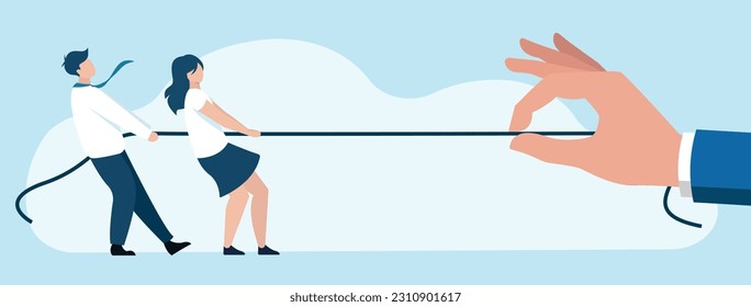 Employees playing tug-of-war with a giant businessman's hand