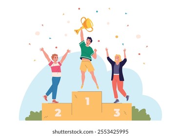 Employees podium winner. Employee best working team rank first three places pedestal, champion with trophy cup jump win celebration, success businessman victory vector illustration original artwork