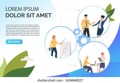Employees presenting analytics, celebrating success, discussing report. Business colleagues landing page template. Business concept. Vector illustration can be used for communication and marketing