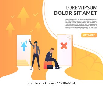 Employees promoting at work presentation slide template. Promotion, failure, open door, sample text. Business concept. Vector illustration for presentation slide, poster, new project