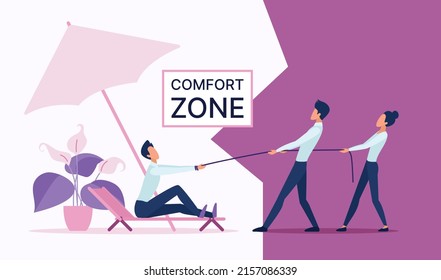 Employees pull lazy businessman outside comfort zone. Cartoon man leaving beach chair with umbrella, stress of office worker due to job changes flat vector illustration. Career, business concept