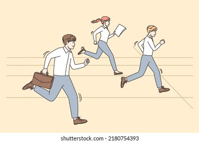 Employees Racing To Be First In Work Business Competition. Colleagues Participate In Contest, Strive For Promotion Or Achievement. Job Rivalry. Vector Illustration. 