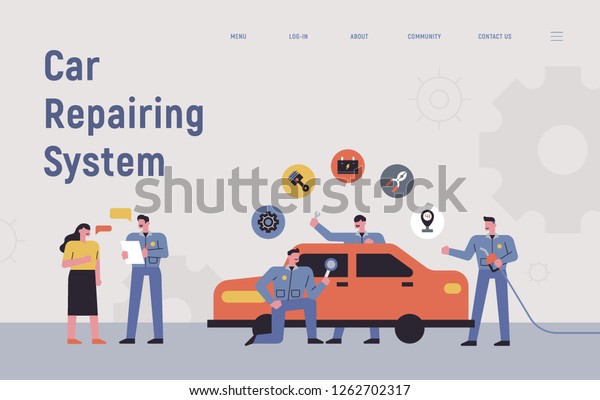 Employees repairing a car at a car repair shop.\
Car repair shop webpage concept illustration. flat design vector\
graphic style.