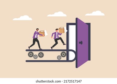 Employees resign and walk on the gears through the exit door. Human resources concept. Colored flat graphic vector illustration isolated.