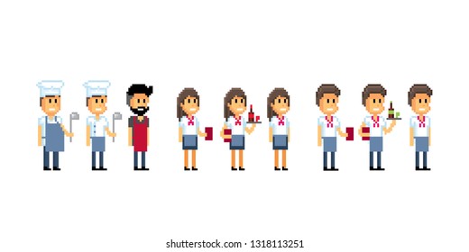 Employees of the restaurant, cafe, bar. Waiter, bartender, chef. Old school computer graphic. 8 bit video game. Game assets 8-bit.