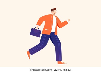 Employees are running because they will be late for work, with buildings and clocks in the background, vector illustration