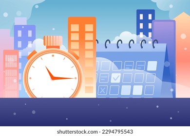Employees are running because they will be late for work, with buildings and clocks in the background, vector illustration