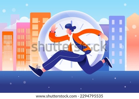 Employees are running because they will be late for work, with buildings and clocks in the background, vector illustration