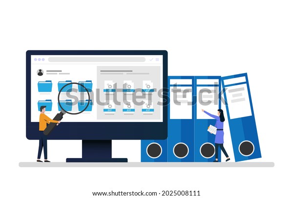 Employees searching and\
indexing file documents. File manager and data storage concept\
illustration.