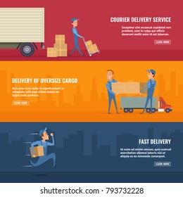 Employees of the service delivery. Horizontal banners with place for your text. Vector service delivery poster, oversize, package and box, fast courier illustration