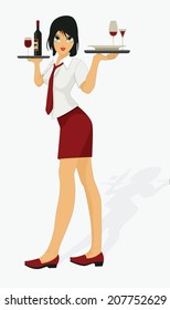 Employees serving woman with a white backdrop.