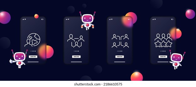 Employees set icon. Workflow, worldwide, delegate, planet, online, subordinates, stars, rating, achievement, feedback, tasks. Business concept. Glassmorphism. UI phone app screens. Vector line icon.