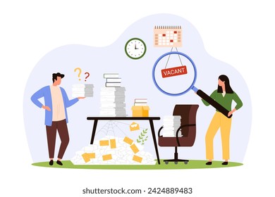 Employees shortage for office job. Tiny people with magnifying glass search talent candidate for work with unorganized official paper documents and messy pile on table cartoon vector illustration