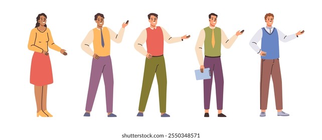 Employees showing way for clients or customers. Vector isolated flat, isolated set of people showing gestures. Man and woman in uniform holding notepad. Staff of bank of corporation receptionists