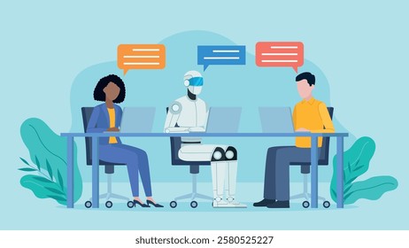 Employees sit at a desk with an AI robot and work on laptops. It runs a conversation and there are communication bubbles by their heads. Flat design vector.