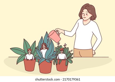 Employees sit in small pots and manager watering them. Boss or leader help workers to growth. Concept of mentorship and development. Vector illustration. 