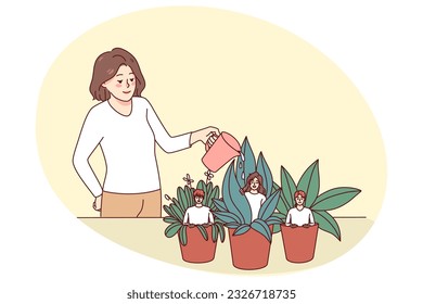 Employees sit in small pots and manager watering them. Boss or leader help workers to growth. Concept of mentorship and development. Vector illustration.