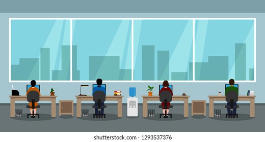 Employees sitting back at tables. Office interior. Teamwork. Vector illustration.