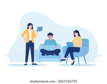 employees sitting and standing at computer desks in office. cartoon men and women in ergonomic work trending concept flat illustration
