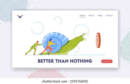 Employees Slow Way to Success Landing Page Template. Business Characters Pushing Snail Trying to Reach Target. Effort, Slow Progress And Losing Business Race. Cartoon People Vector Illustration