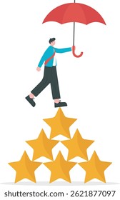 Os funcionários ficam de pé com guarda-chuvas. Empresários equilibram-se na avaliação de classificação de estrelas. sucesso funcionário cinco estrelas, excelente opinião feedback. Análise de desempenho. comentários sobre avaliação ou classificação

