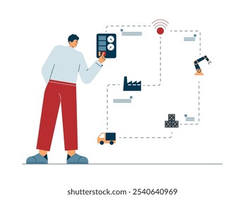 Os funcionários começam a trabalhar na configuração de sistemas de produção na indústria, ilustração vetorial.