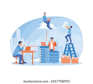 Employees store data on laptops. Moving data from laptop to server. Could Computing concept. Flat vector illustration.
