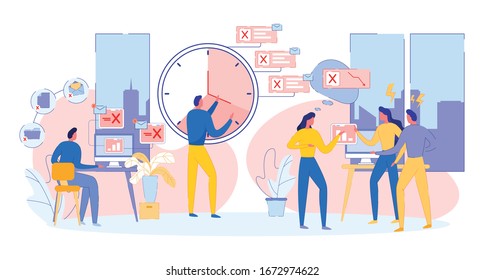 Employees Stress Workday During Business Deadline. Flat Guy Works at Workplace, Tons Unread Letters. Man near Clock with Unfinished Tasks. Two Women and Employee Discuss Project, Success Rate Drops