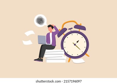 Los empleados están estresados porque las tareas se acumulan delante del reloj y hay un círculo de problemas en la cabeza. Estrés en la oficina. Ilustración vectorial plana aislada.