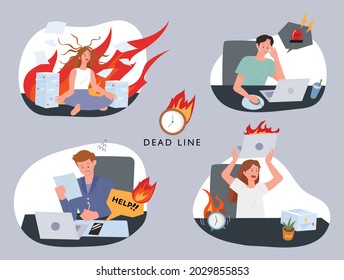 Employees are stressed because they are being pushed for deadlines. outline simple vector illustration.