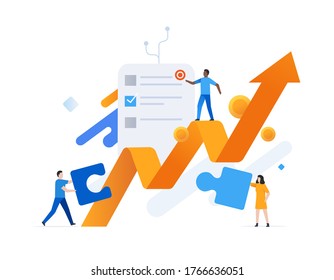 Los empleados tienen éxito, el crecimiento del desempeño. Flujo de trabajo, crecimiento, gráficos. Desarrollo empresarial, hitos. infografía de lilustración. Afiche de la impresión del sitio de aterrizaje vectores Eps