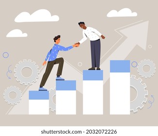 Employees support each other concept. Man helps friend to climb career ladder. Metaphor of partnership, teamwork and kindness. Cartoon modern flat vector illustration isolated on beige background