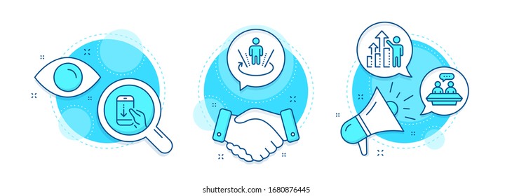 Employees talk, Employee results and Augmented reality line icons set. Handshake deal, research and promotion complex icons. Scroll down sign. Collaboration, Chart, Virtual reality. Vector