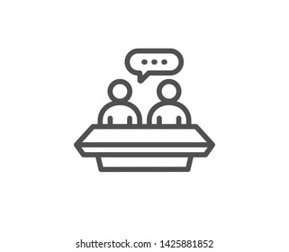 Employees talk line icon. Collaboration sign. Development partners symbol. Quality design element. Linear style employees talk icon. Editable stroke. Vector