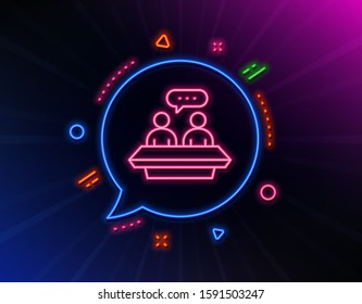 Employees talk line icon. Neon laser lights. Collaboration sign. Development partners symbol. Glow laser speech bubble. Neon lights chat bubble. Banner badge with employees talk icon. Vector