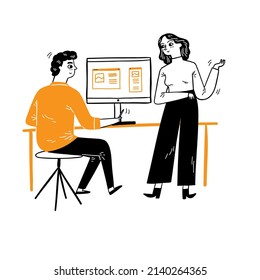 Employees talk near their desks about work they do together. Hand drawn vector illustration.